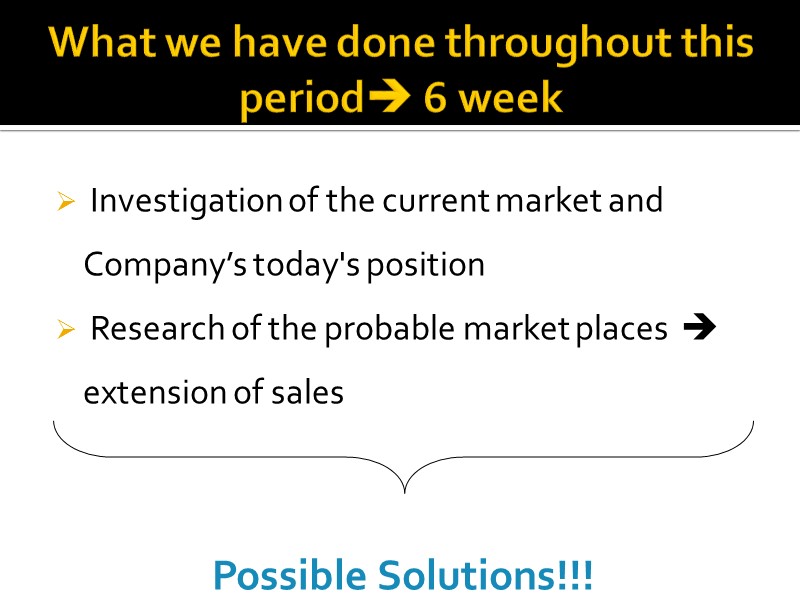 What we have done throughout this period 6 week  Investigation of the current